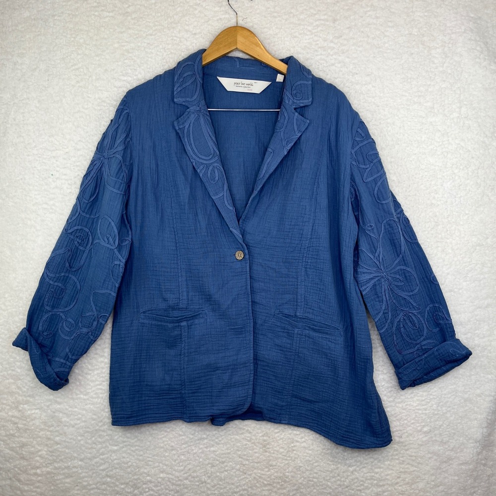 Peace Love World Boheme Collection Blue Gauze Embroidered Blazer Jacket Size L